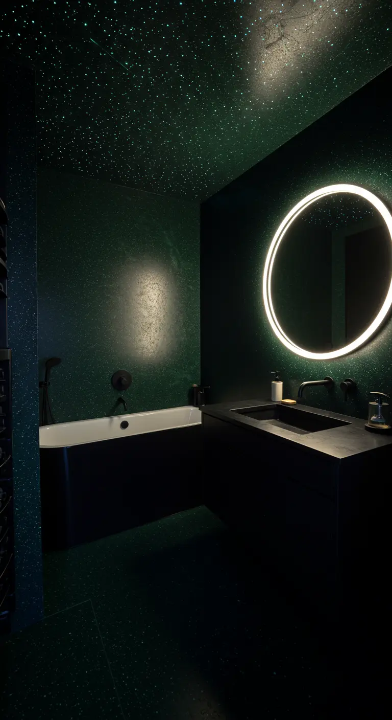 Baño oscuro con techo de fibra óptica simulando estrellas y espejo redondo iluminado.