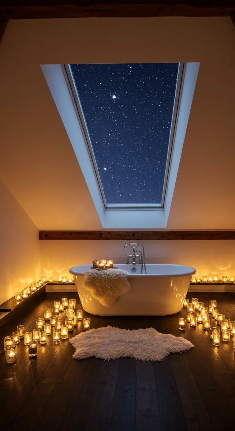 Ático con bañera bajo un tragaluz, con el suelo lleno de velas y una alfombra de piel de oveja.