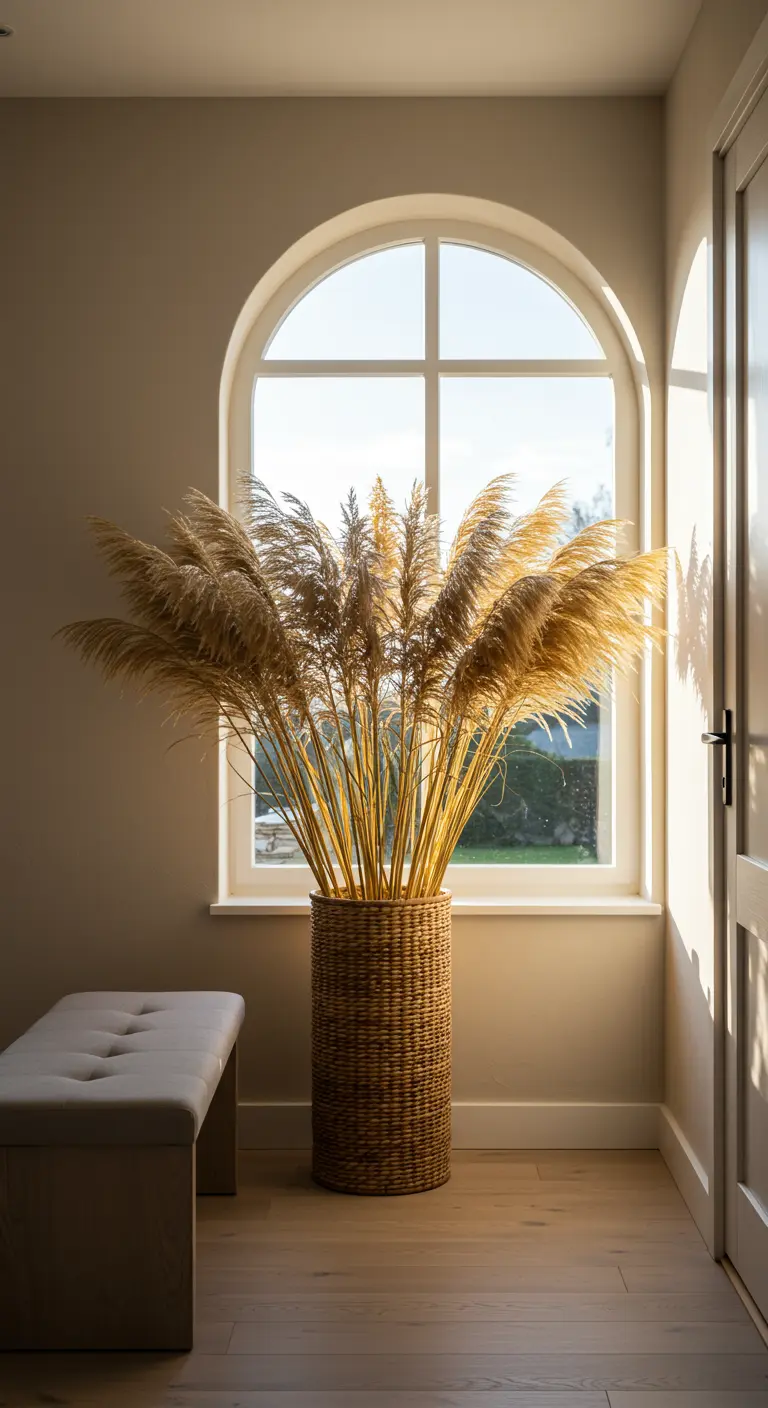 Cesta alta con hierba de pampa delante de una ventana arqueada, iluminada por el sol del atardecer.