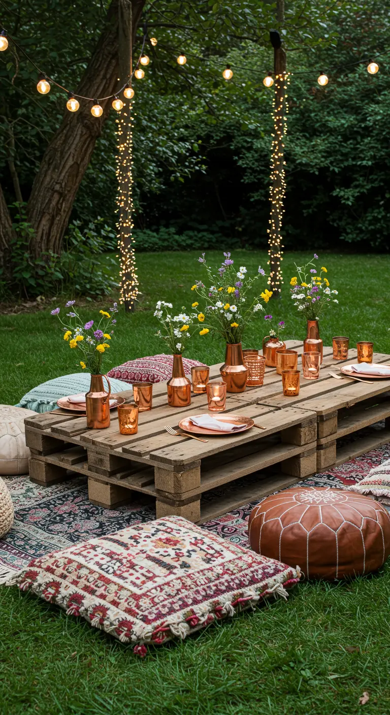 Mesa baja de palets en un jardín con jarrones y vasos de cobre, rodeada de cojines.