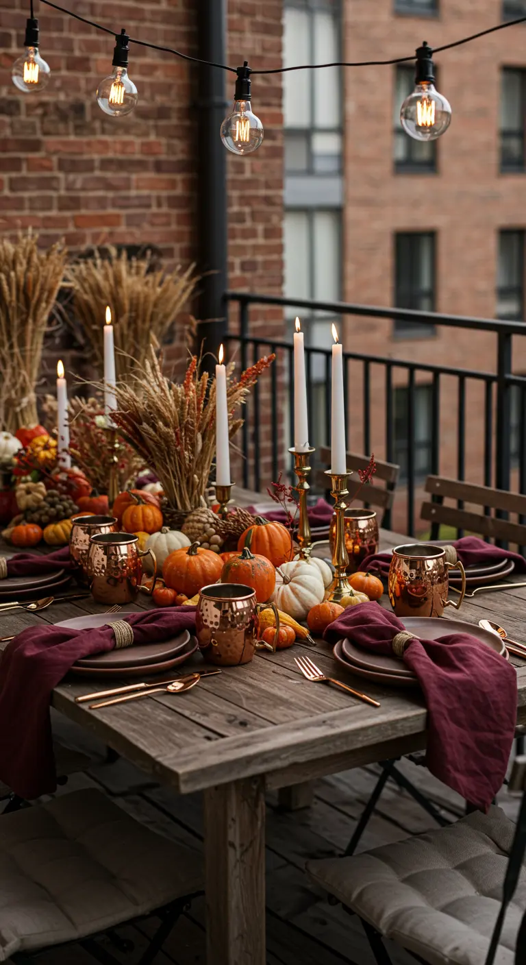 Mesa de comedor rústica en un balcón, decorada para el otoño con calabazas y velas.