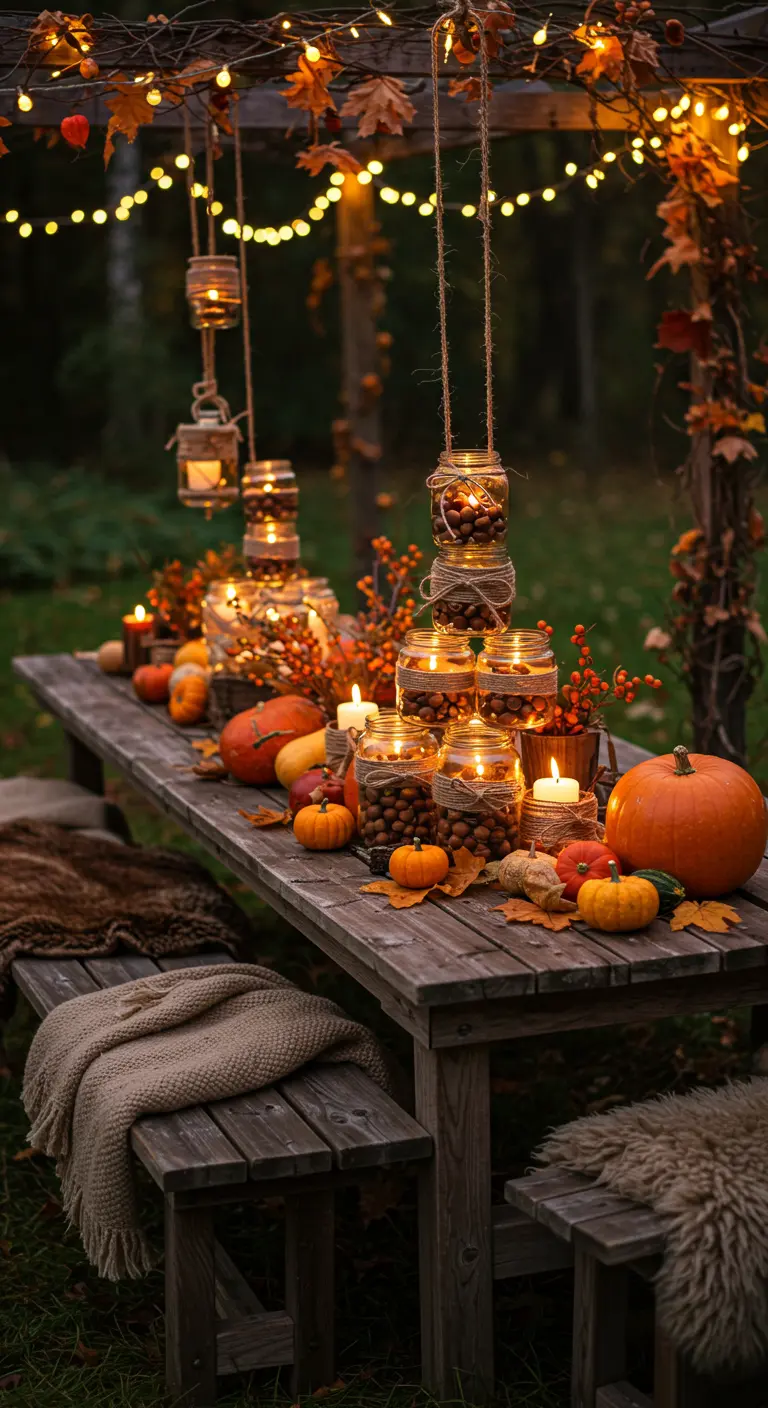 Mesa rústica de otoño con calabazas y portavelas de frasco colgantes.