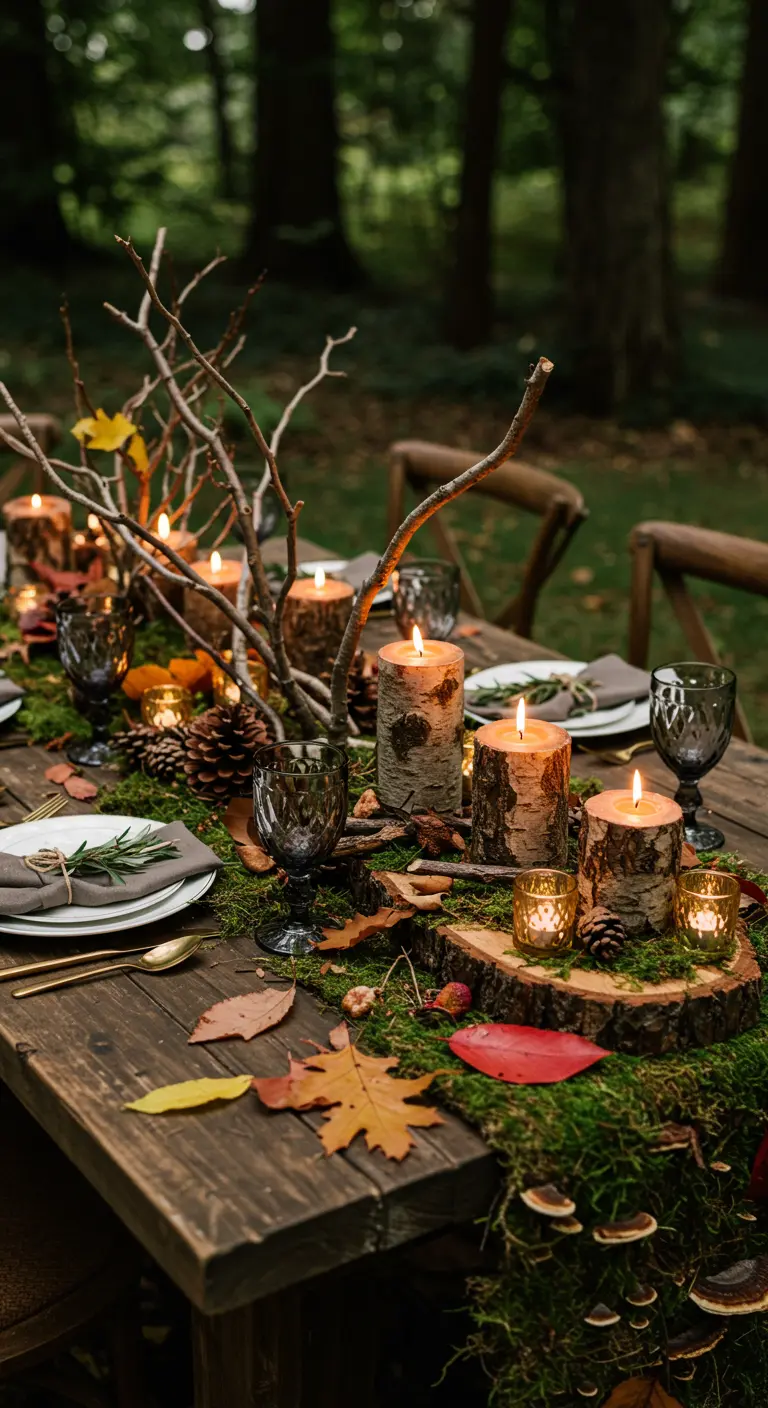 Mesa de madera decorada con musgo, velas de corteza y hojas del bosque.