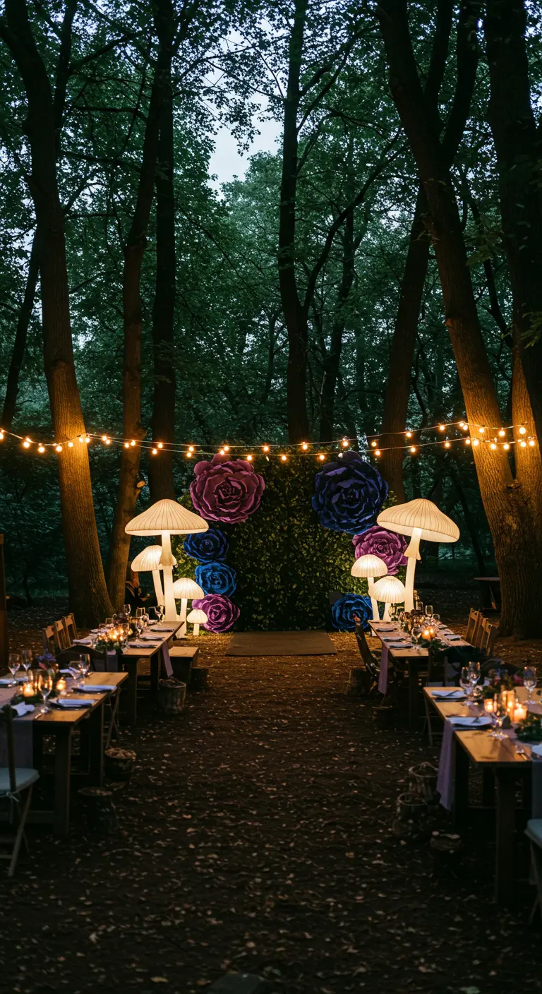 Cena nocturna en un bosque con mesas largas, guirnaldas de luces y un fondo de flores gigantes.