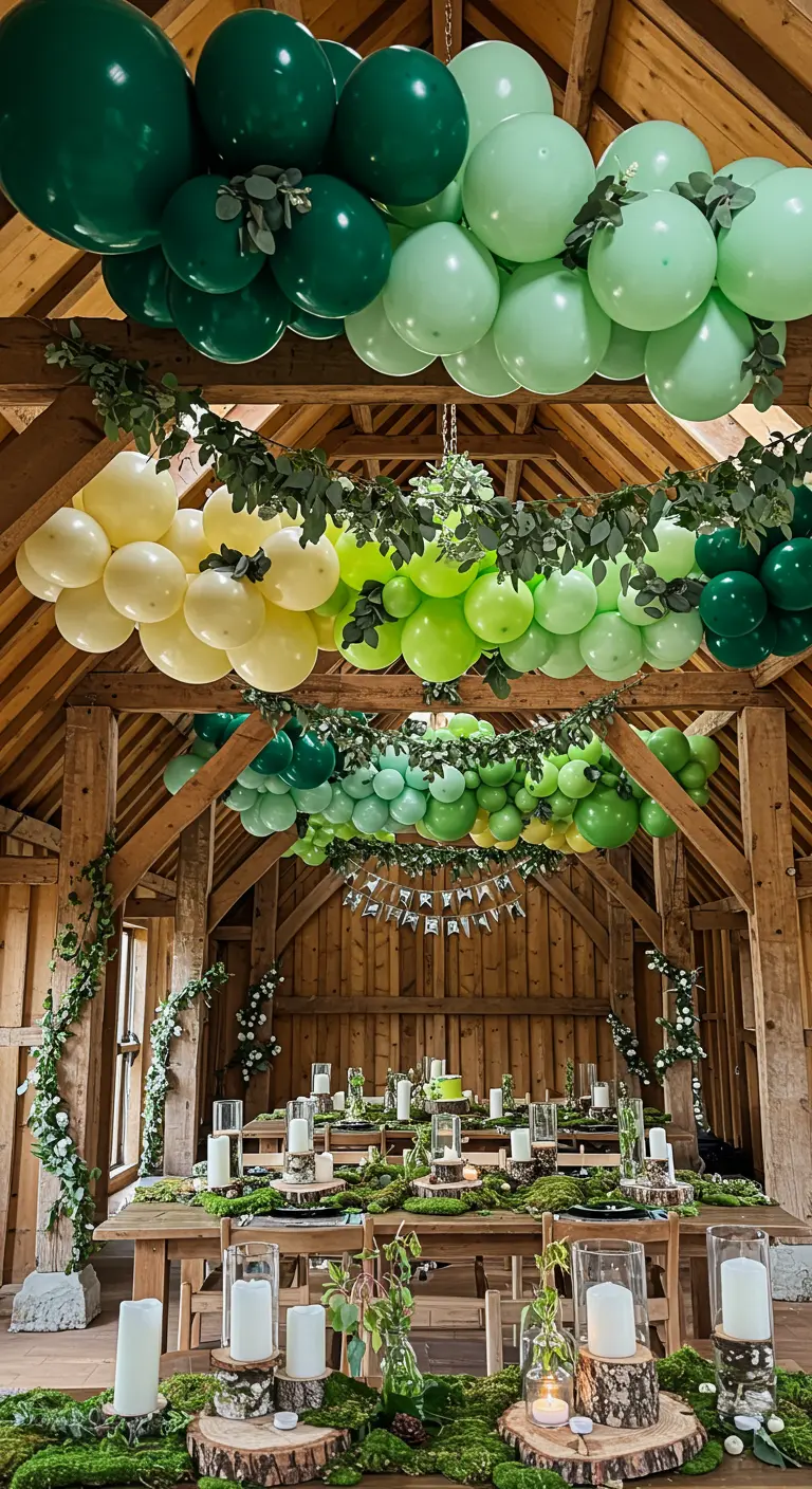 Techo decorado con guirnaldas de globos verdes y follaje en un salón rústico de madera.