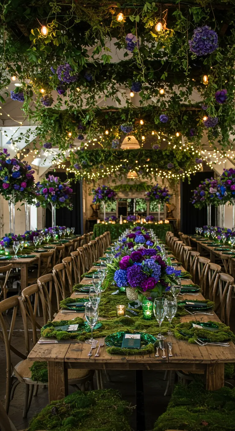 Larga mesa de madera decorada con musgo, flores moradas y copas con glitter verde.