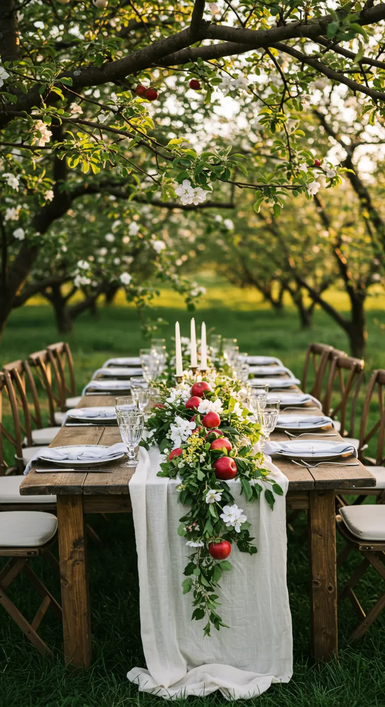 Mesa de banquete al aire libre con una guirnalda de hojas verdes, flores blancas y manzanas rojas.