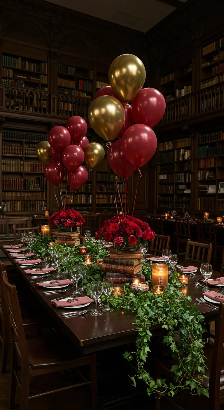 Mesa de banquete en una biblioteca con globos rojos y dorados y rosas sobre libros.