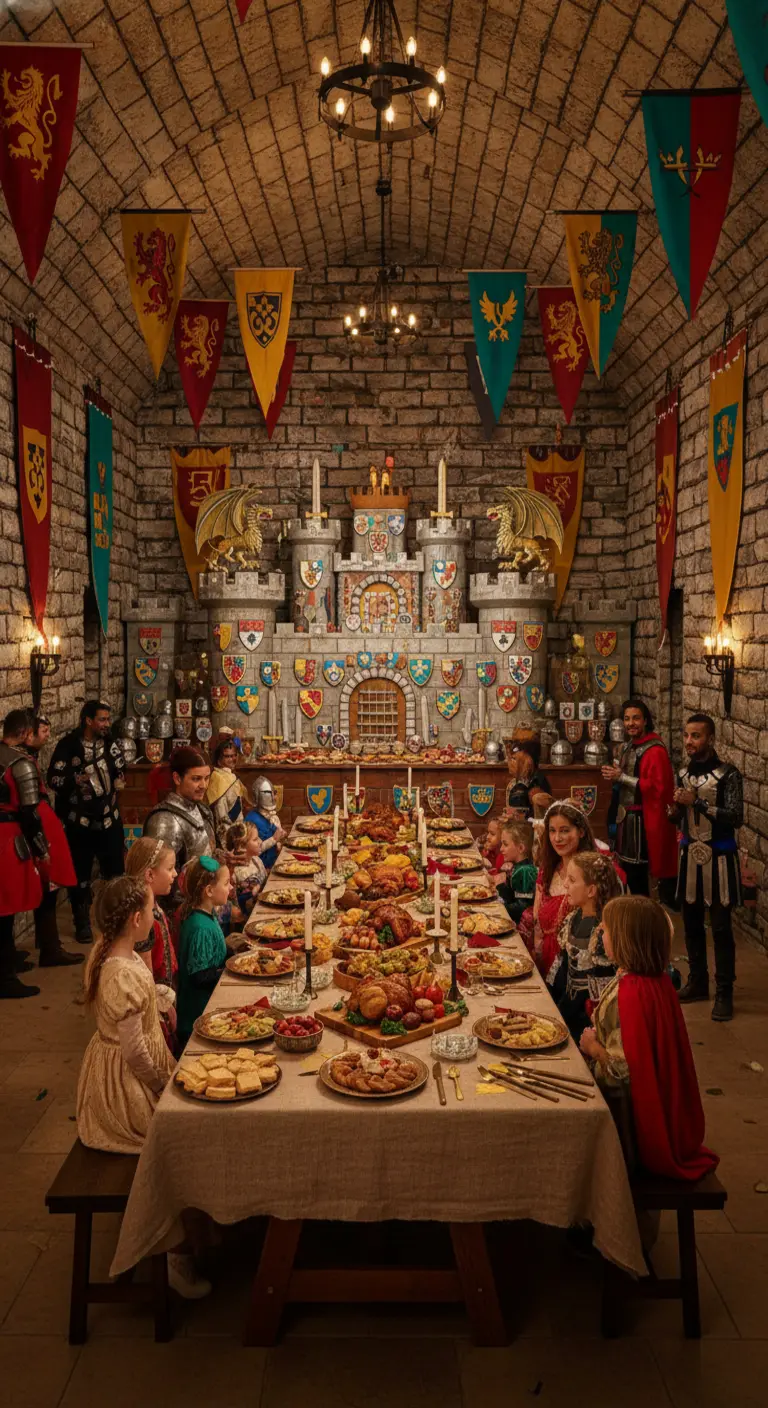 Fiesta medieval en un salón de castillo con estandartes, armaduras y un gran banquete.