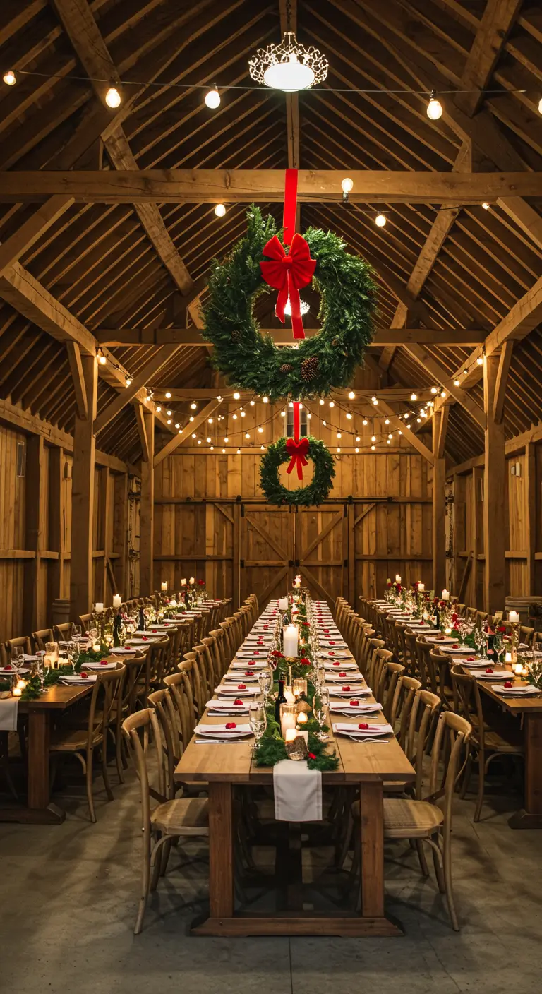 Granero decorado para una cena con coronas colgando del techo sobre una larga mesa.