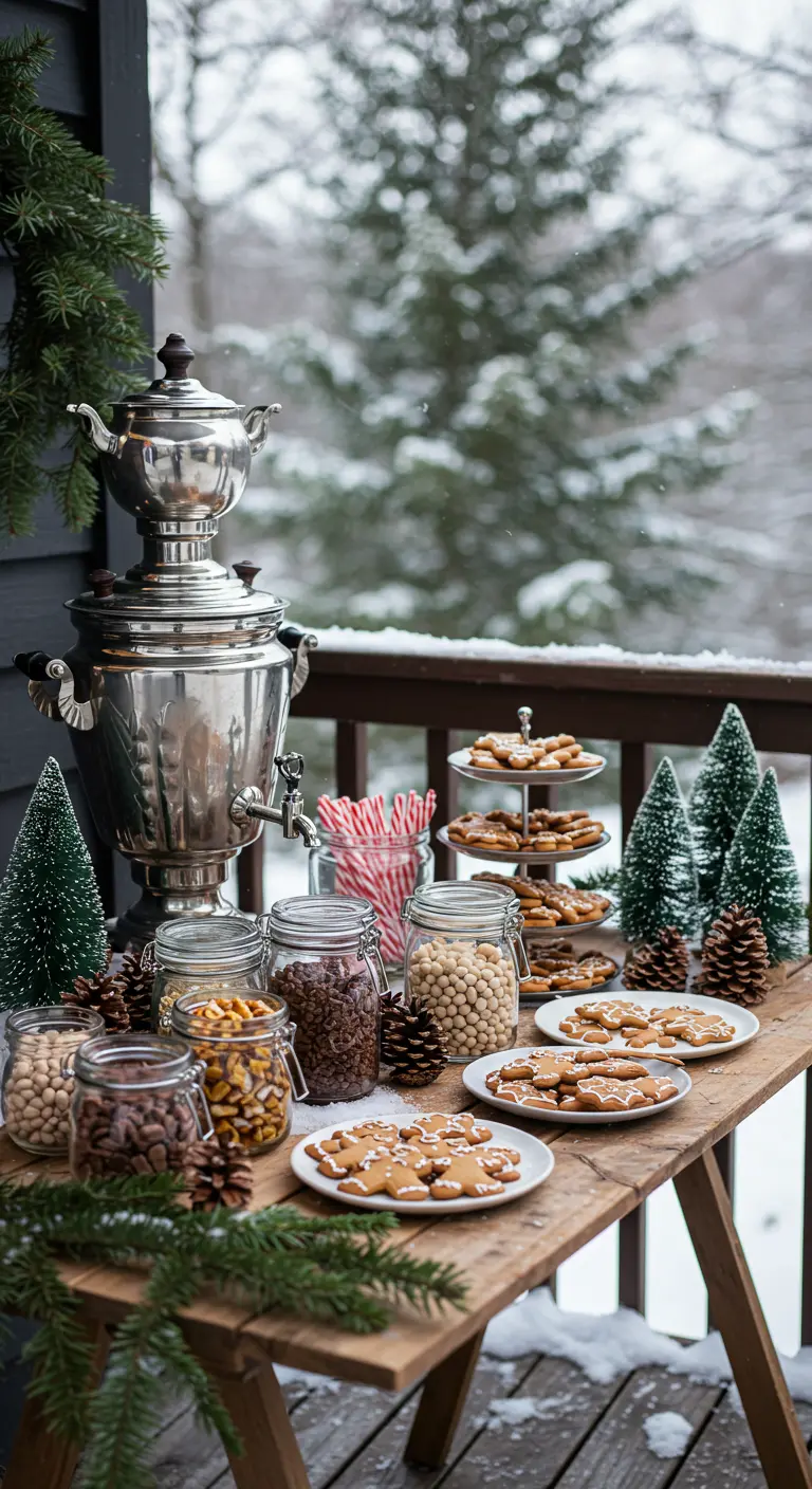 Mesa de madera en un porche nevado con un samovar, galletas de jengibre y tarros de dulces.