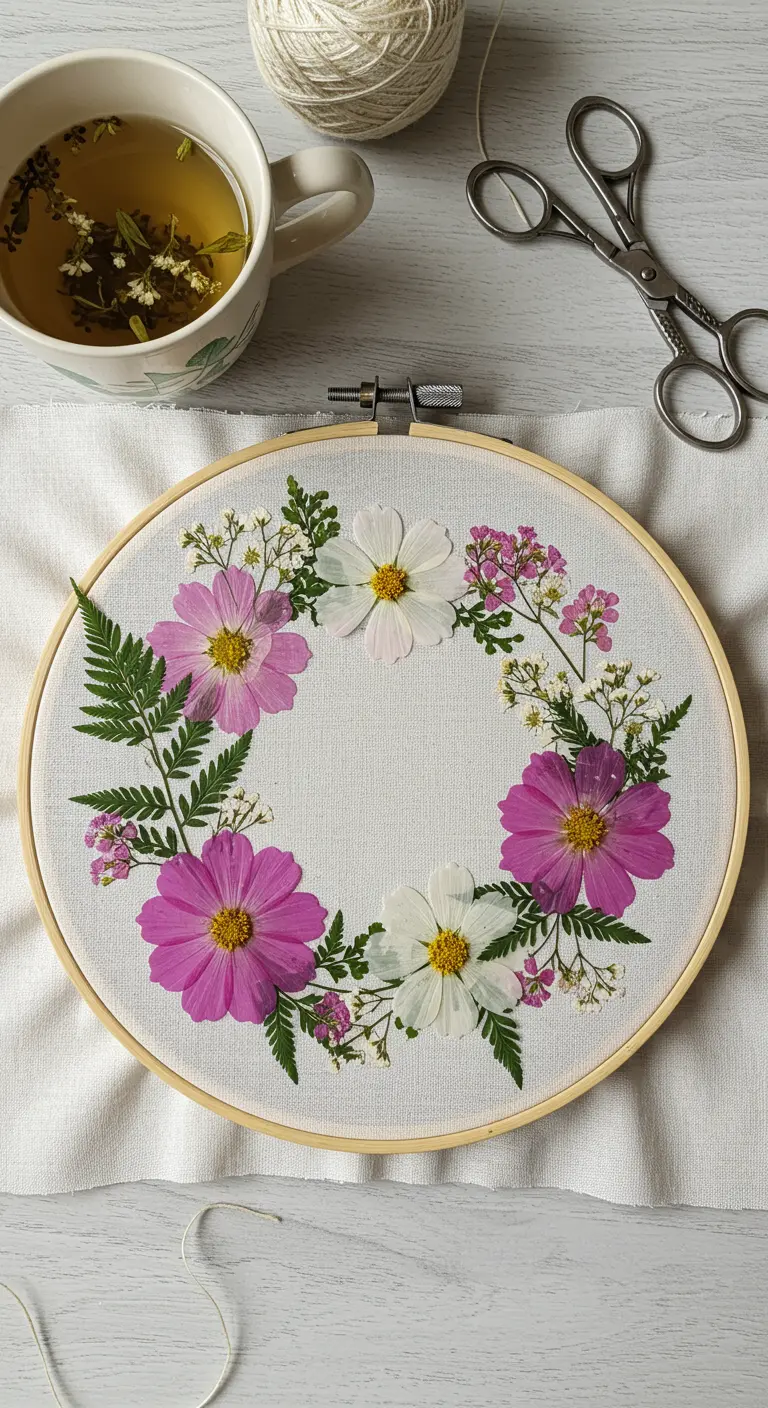 Corona de flores prensadas, como cosmos y helechos, sobre tela blanca en un bastidor de bordado.