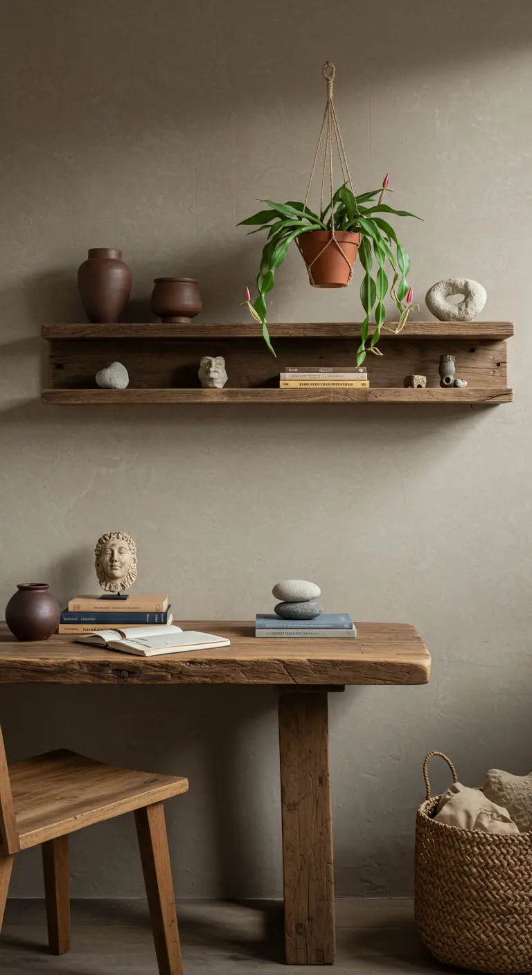Escritorio rústico de madera con estantería a juego, decorado con cerámica y una planta colgante.