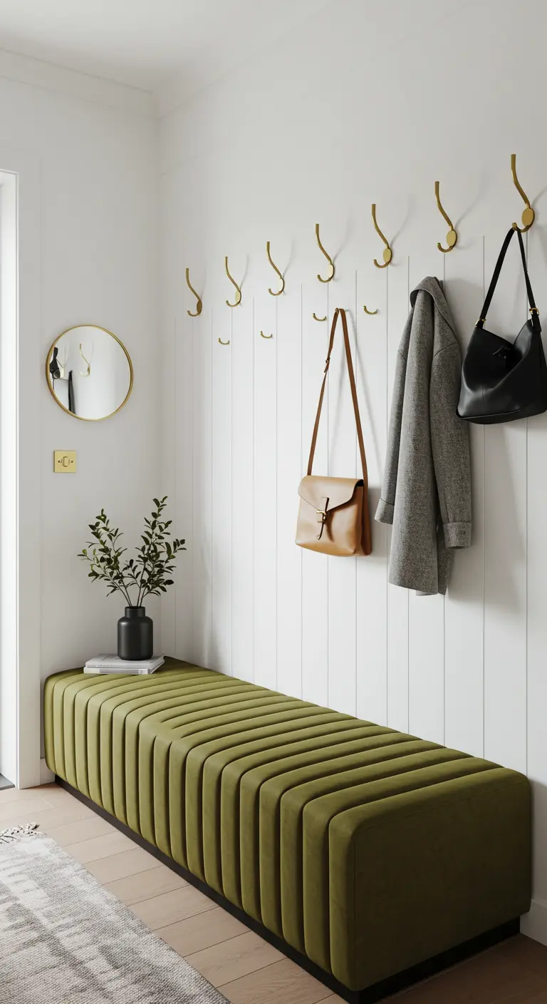 Banco largo tapizado en verde olivo con percheros dorados en la pared.