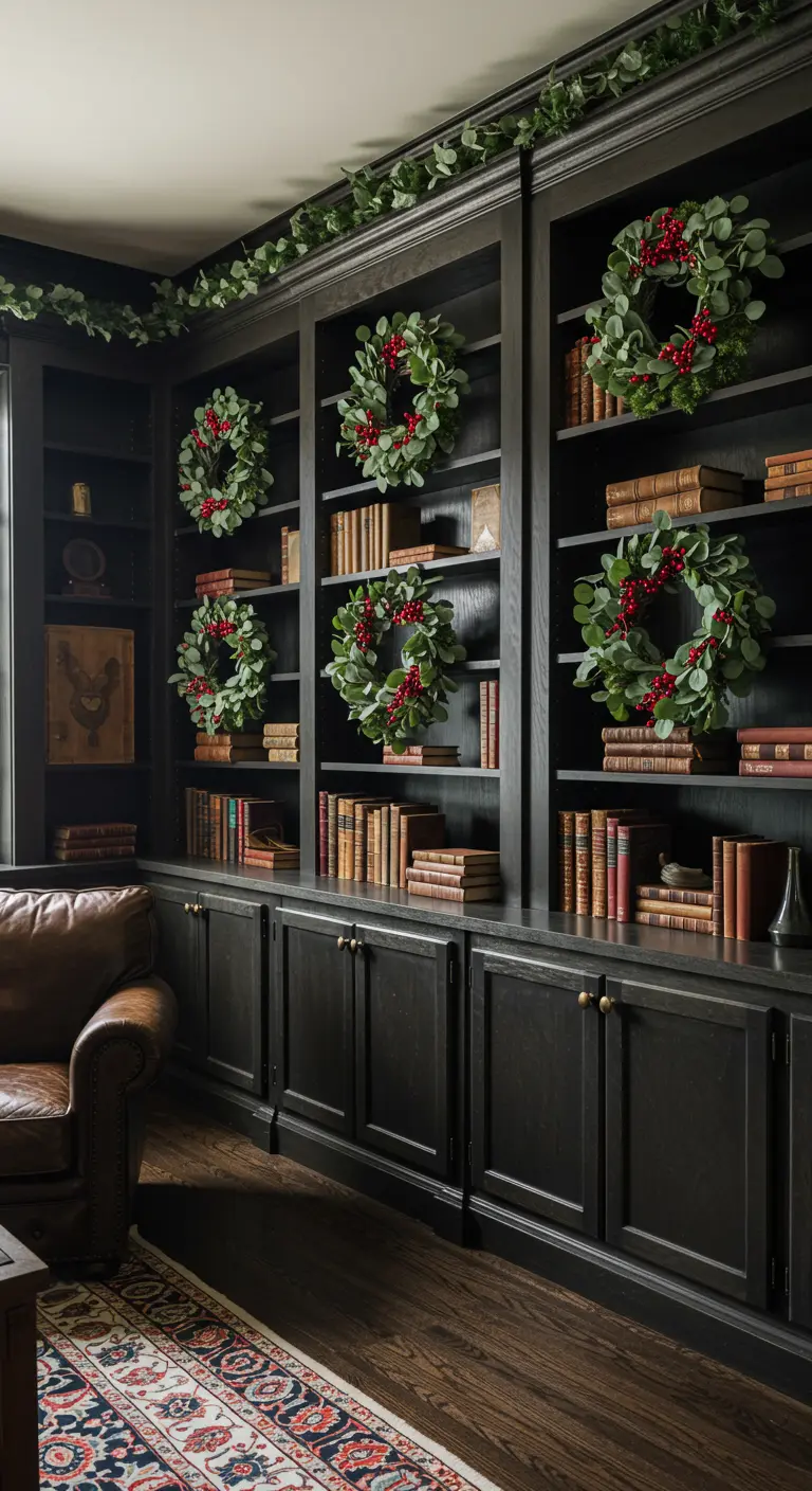 Biblioteca con estanterías oscuras decoradas con múltiples coronas de eucalipto.