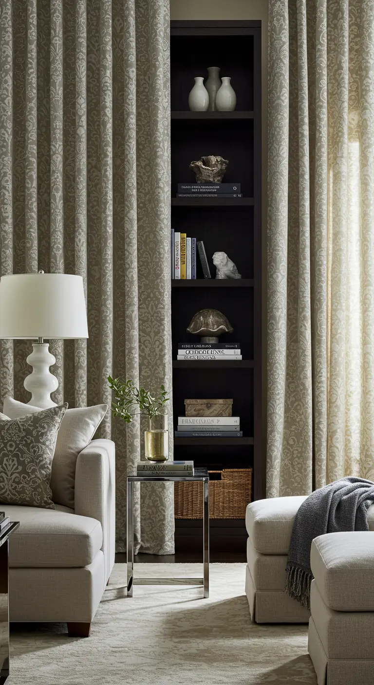 Cortinas estampadas enmarcando una estantería alta y oscura en una sala de estar.
