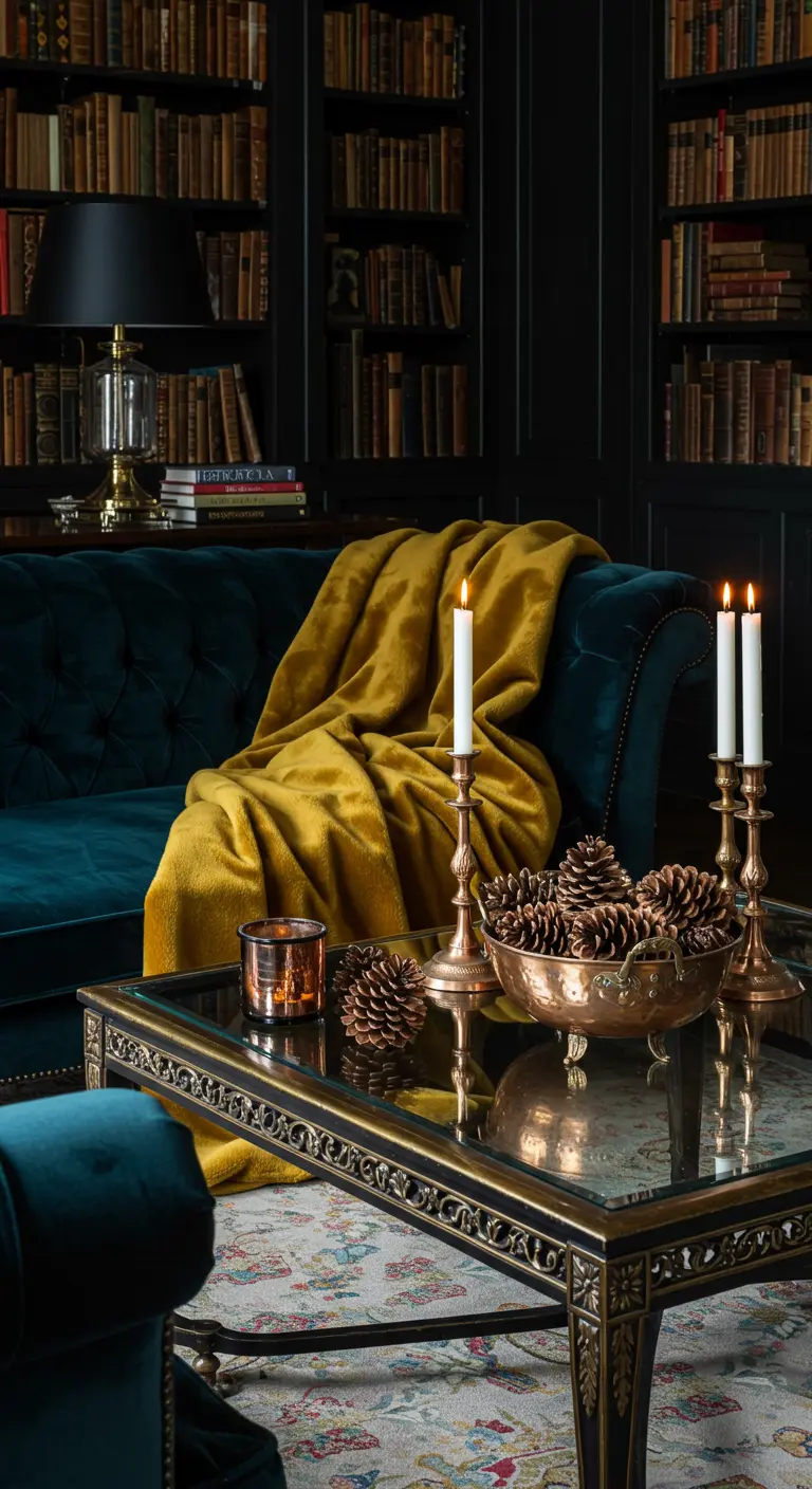 Biblioteca oscura con sofá de terciopelo azul, manta mostaza y detalles de cobre en la mesa.