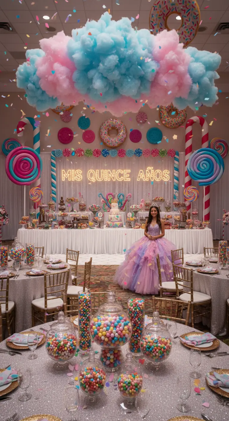 Quinceañera con temática de Candyland, con dulces gigantes y nubes de algodón.