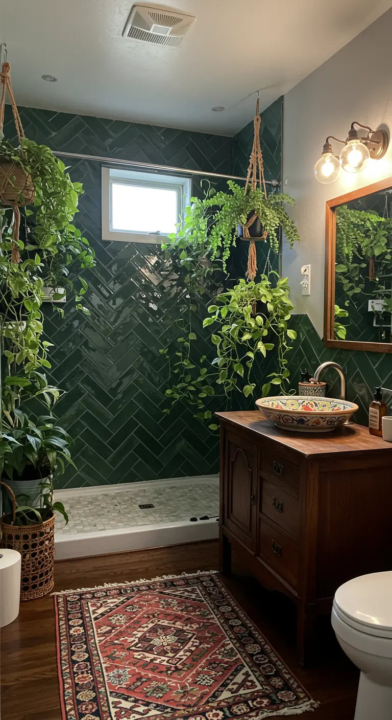 Baño bohemio con azulejos verdes en espiga, muchas plantas colgantes y lavabo pintado.