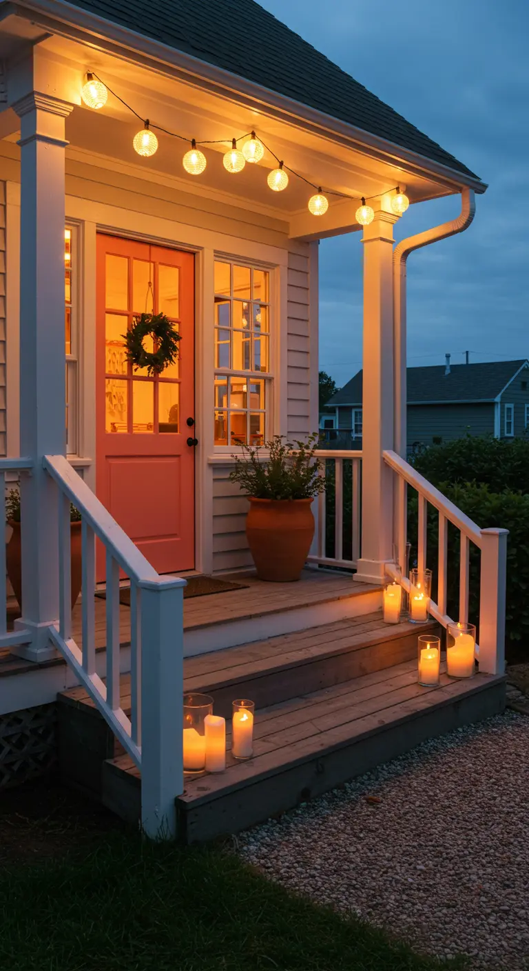 Porche de casa de campo con puerta rosa, guirnalda de bombillas y velas en los escalones.