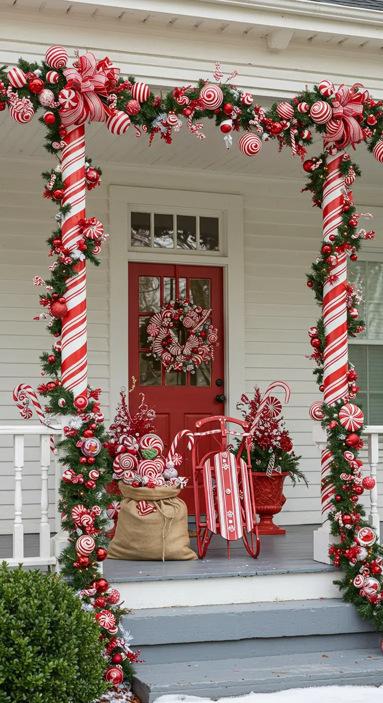 Porche sobrecargado con decoración de bastones de caramelo en rojo y blanco.