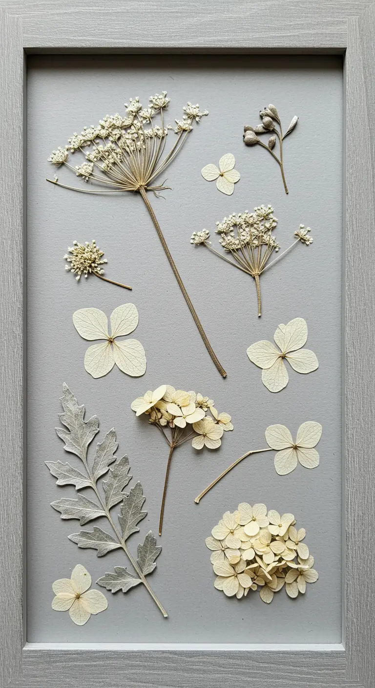 Composición de flores y hojas prensadas en tonos blancos y crema sobre un fondo gris claro.