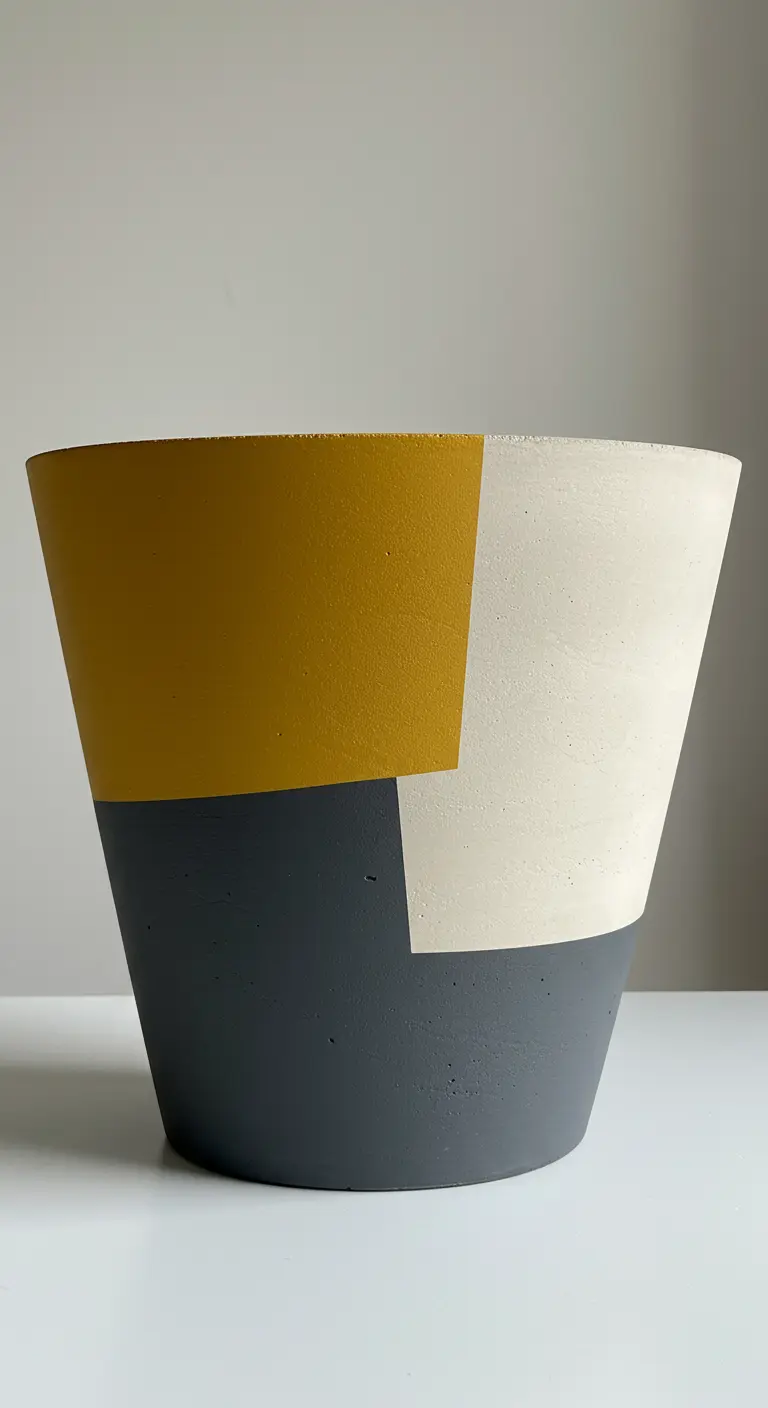 Maceta de cemento pintada con grandes bloques de color en mostaza, gris oscuro y blanco.