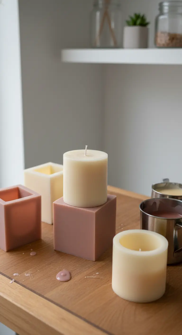 Composición de velas caseras en formas cúbicas y cilíndricas en tonos rosa y crema