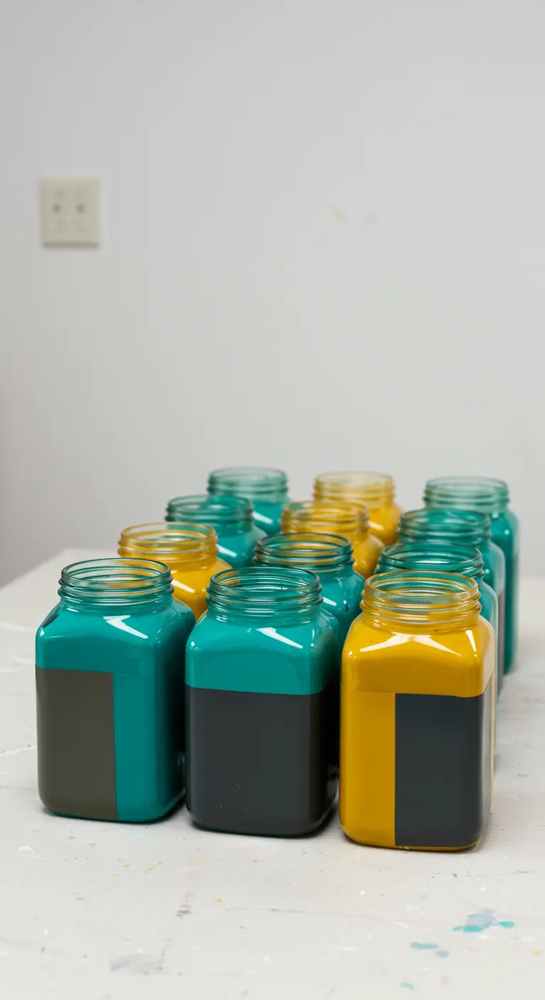 Frascos cuadrados pintados con bloques de color en turquesa, amarillo y gris oscuro.