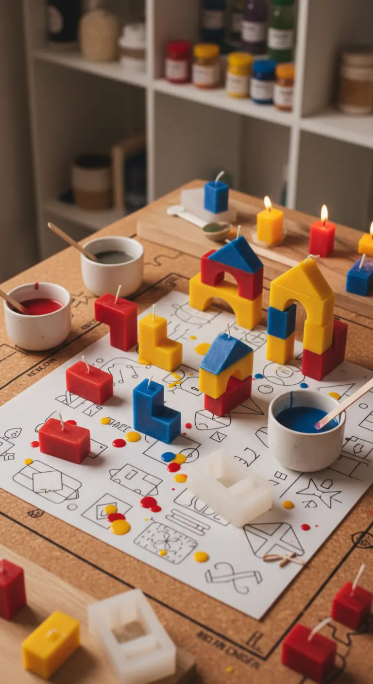 Conjunto de velas caseras con formas de bloques de construcción en colores primarios