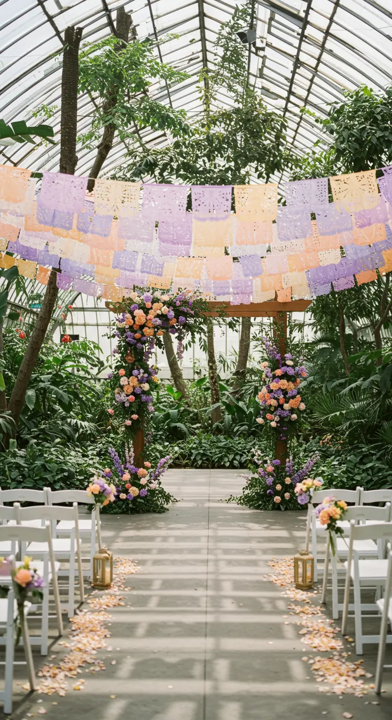 Altar de boda en un invernadero con papel picado en tonos pastel colgando del techo.