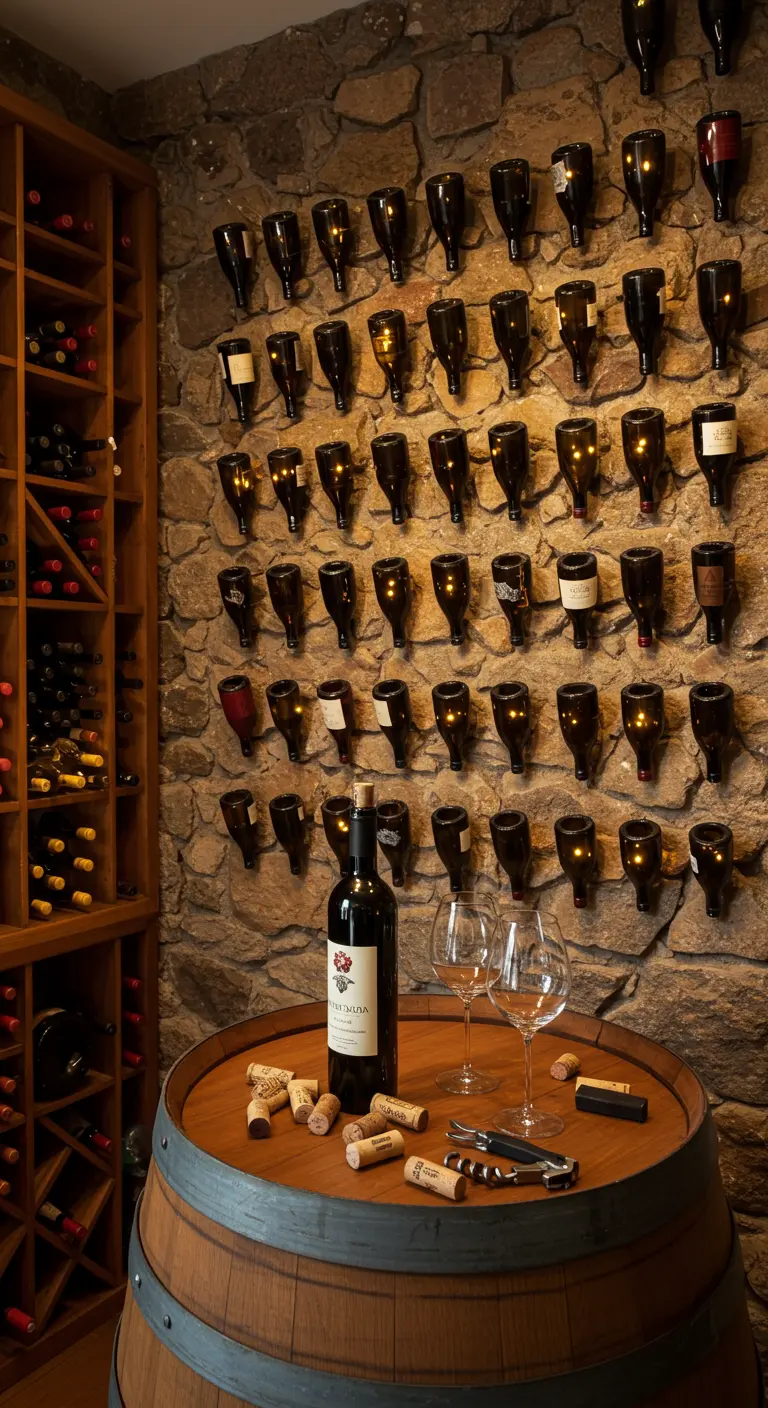 Pared de bodega decorada con botellas de vino colocadas en soportes individuales e iluminadas por detrás.