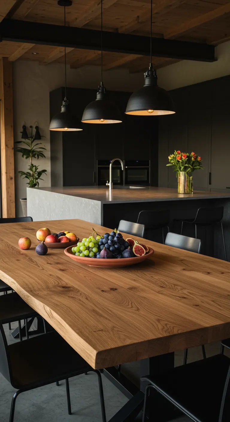 Centro de mesa con uvas, higos y manzanas en una bandeja de terracota sobre una mesa de madera.