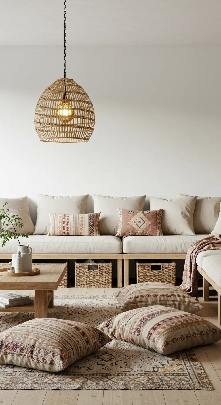 Sala de estar bohemia con asientos bajos, cojines en el suelo y un gran farol colgante de mimbre