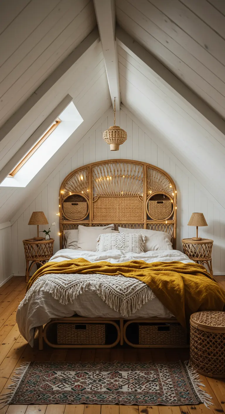 Cabecera de cama de ratán con cestas y luces de hadas en un dormitorio boho