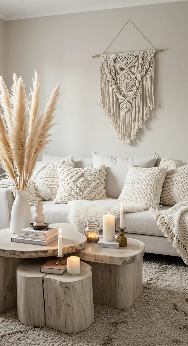Sala de estar de estilo boho con sofá blanco, cojines texturizados y un tapiz de macramé.
