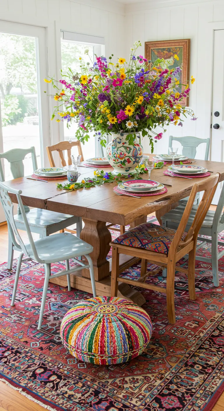 Comedor ecléctico con alfombra persa, sillas de colores y un gran ramo de flores vibrantes