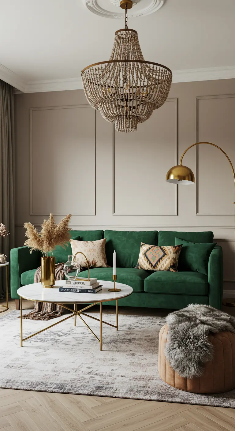 Sofá de terciopelo verde esmeralda en sala elegante con lámpara de araña de cuentas y acentos dorados.