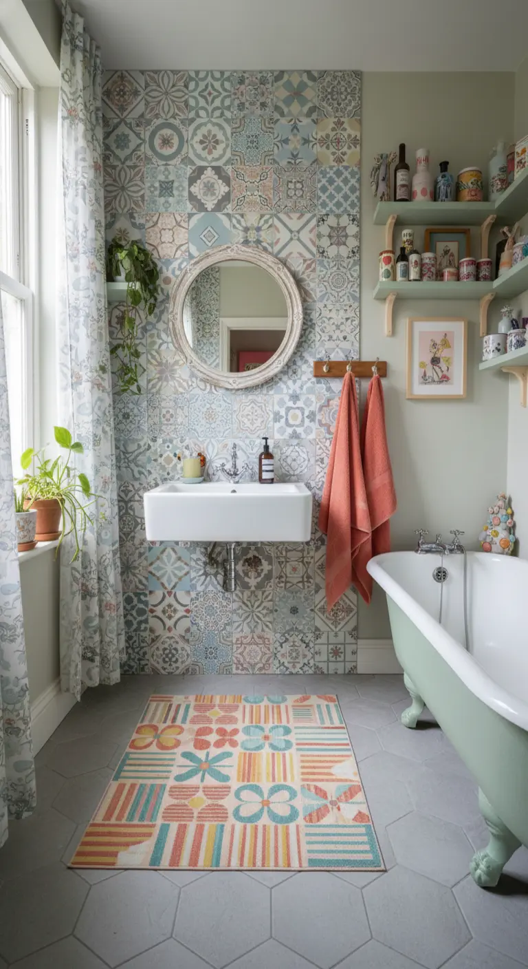 Baño ecléctico con pared de azulejos estampados y textiles coloridos y variados.