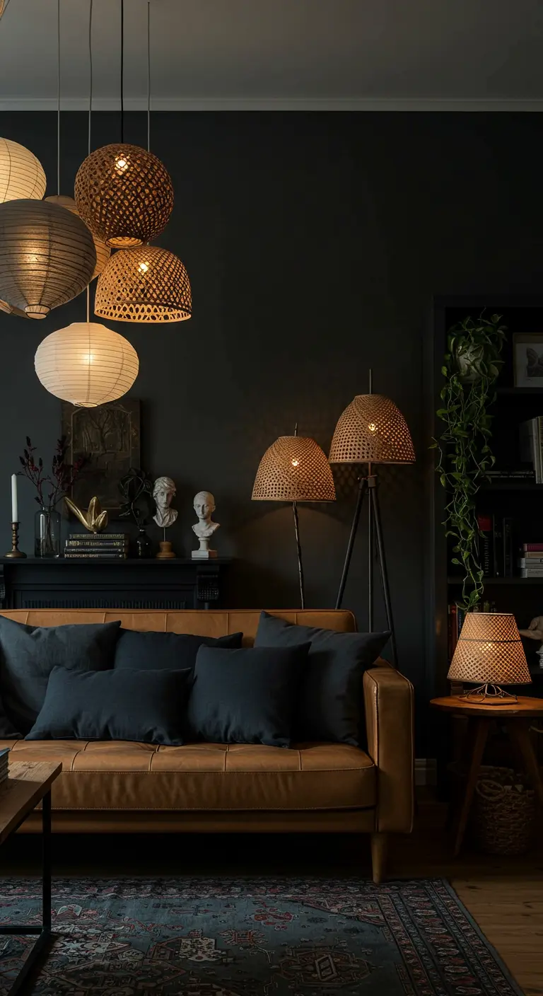 Sala de estar boho con pared oscura, sofá de cuero marrón y varias lámparas de ratán colgantes.