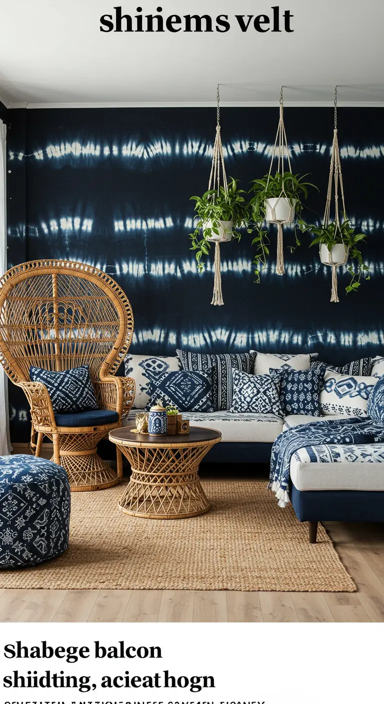 Sala de estar bohemia con pared teñida de índigo, silla de ratán y plantas colgantes.
