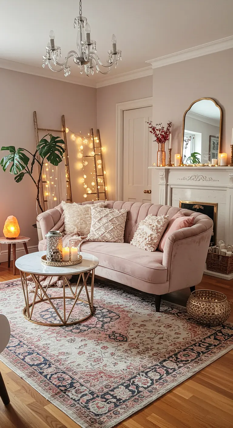 Sala de estar boho romántica con sofá de terciopelo rosa, luces cálidas y espejo dorado.
