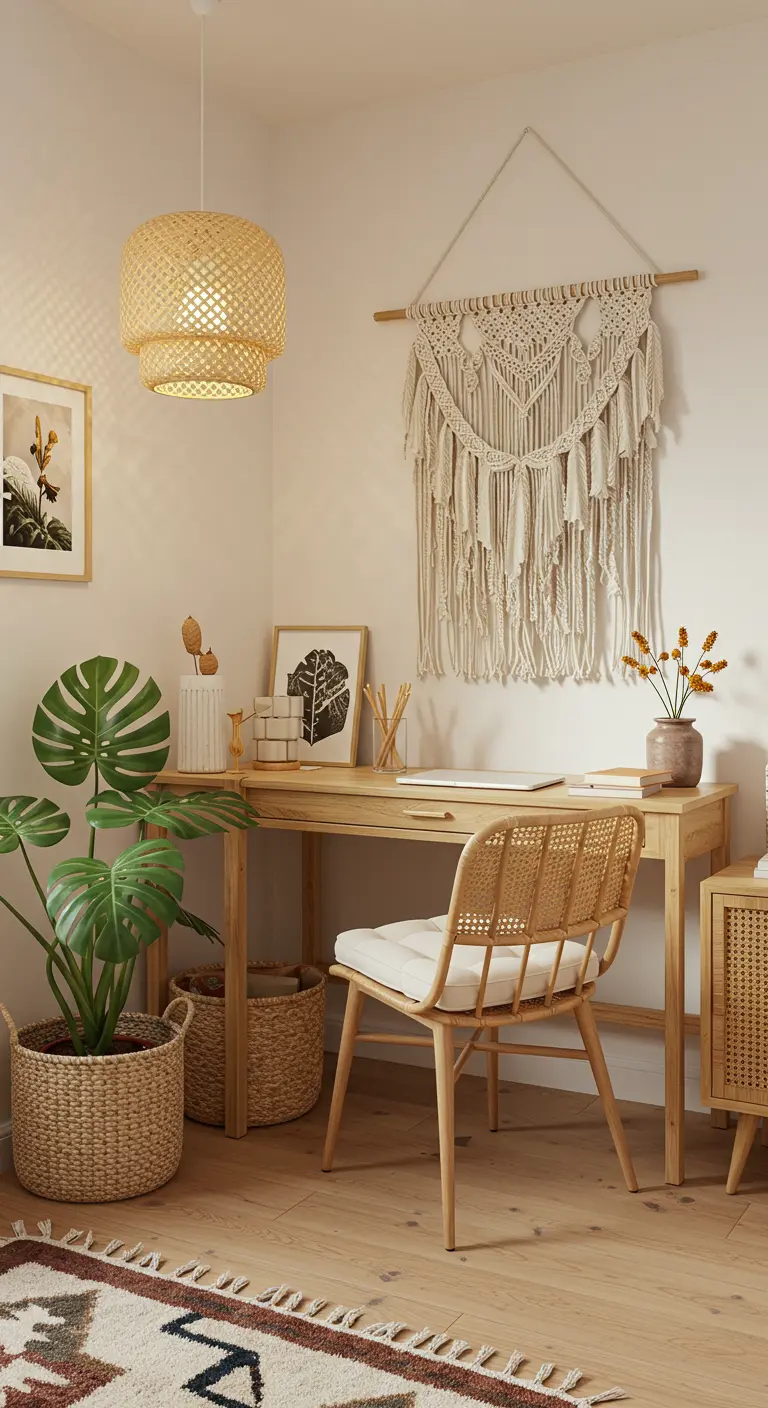 Oficina en casa de estilo boho con tapiz de macramé, silla de ratán y muchas plantas.