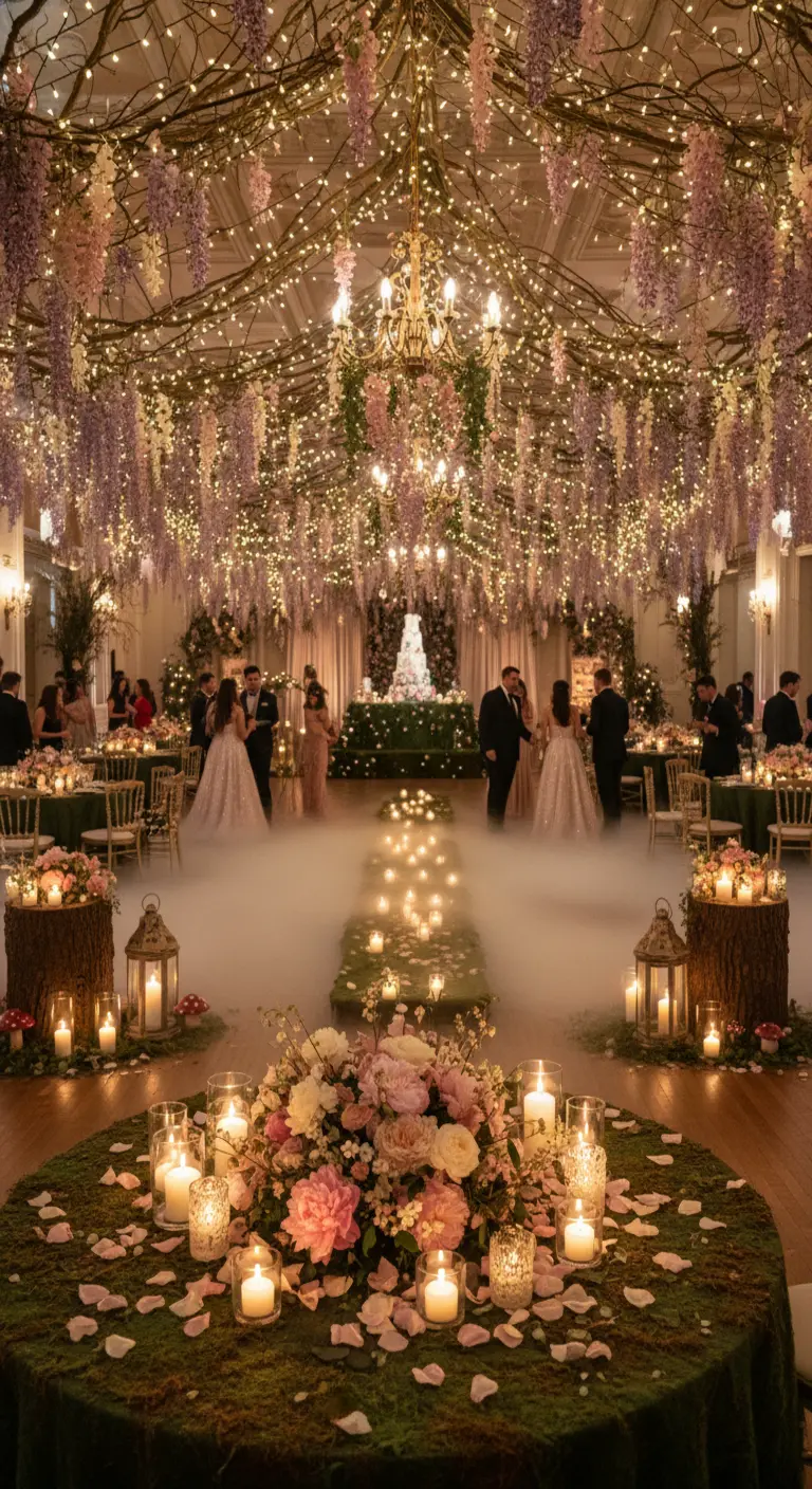 Quinceañera con temática de bosque encantado, con glicinias, luces y velas.