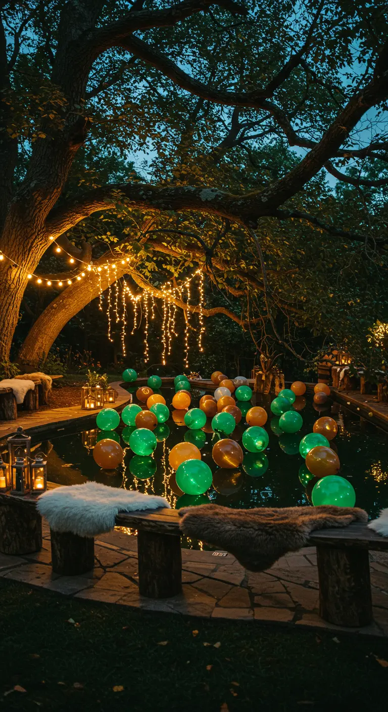 Estanque en un bosque de noche, con globos verdes y dorados y luces colgantes.
