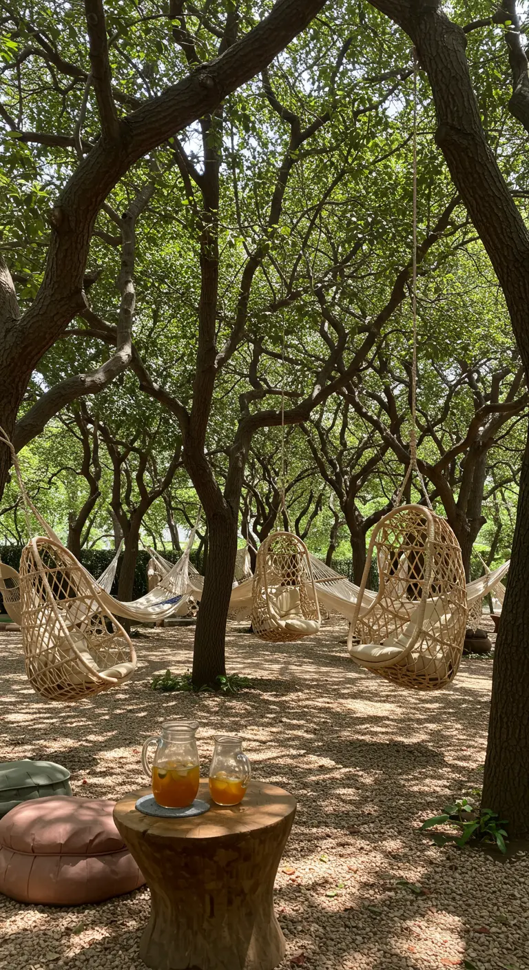 Varias sillas colgantes de ratán y hamacas en un bosque frondoso.