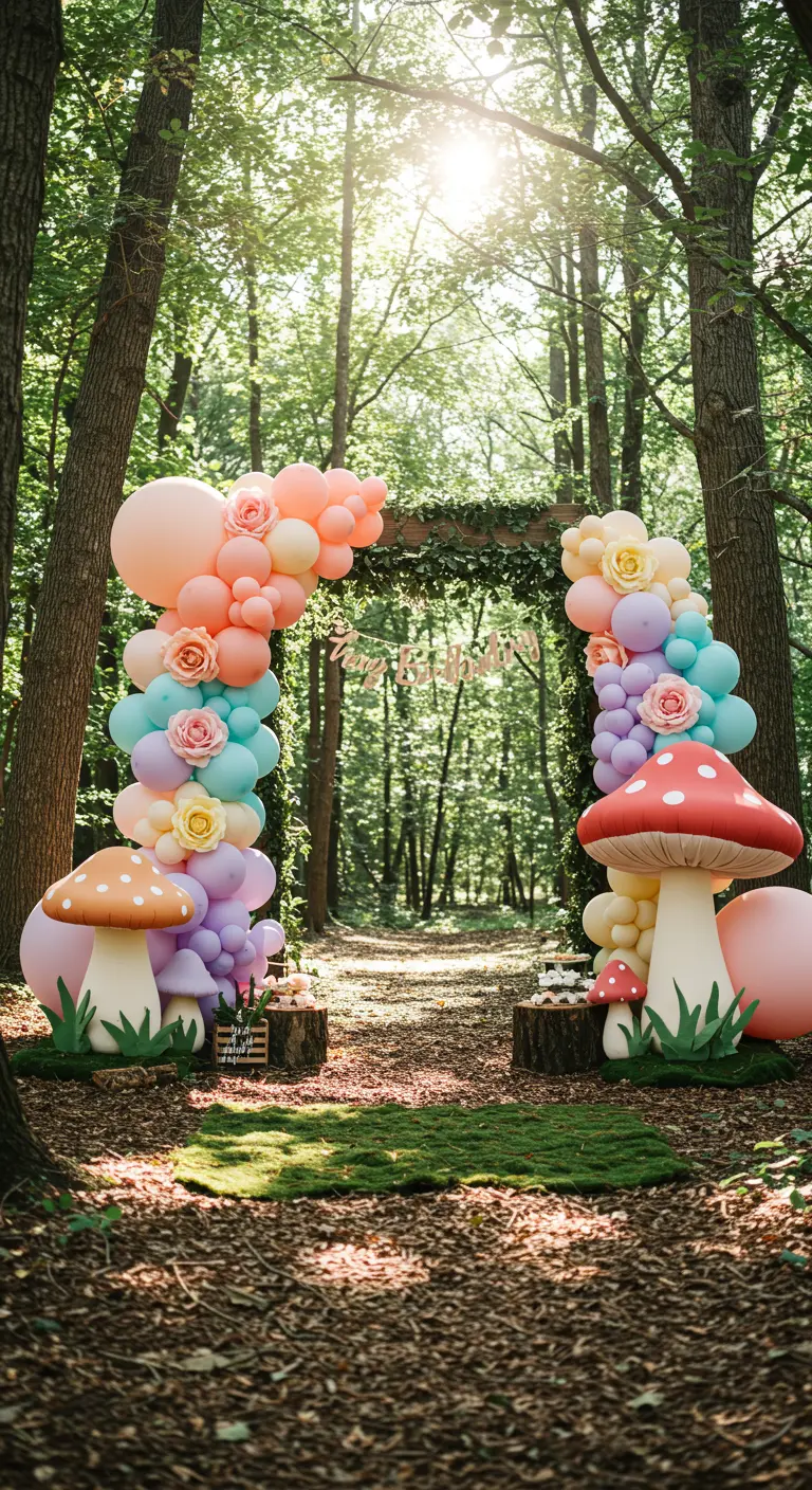 Arco de globos pastel con flores y setas gigantes en un claro del bosque.