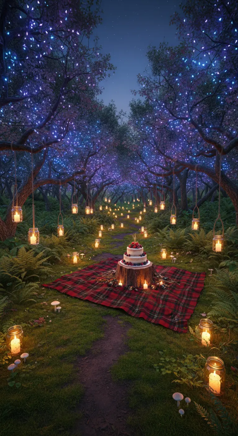 Un camino de velas y farolillos en un bosque mágico con luces púrpuras en los árboles.