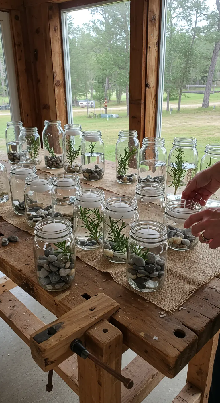 Frascos de vidrio con piedras, agua, romero y velas flotantes sobre una mesa de madera rústica.