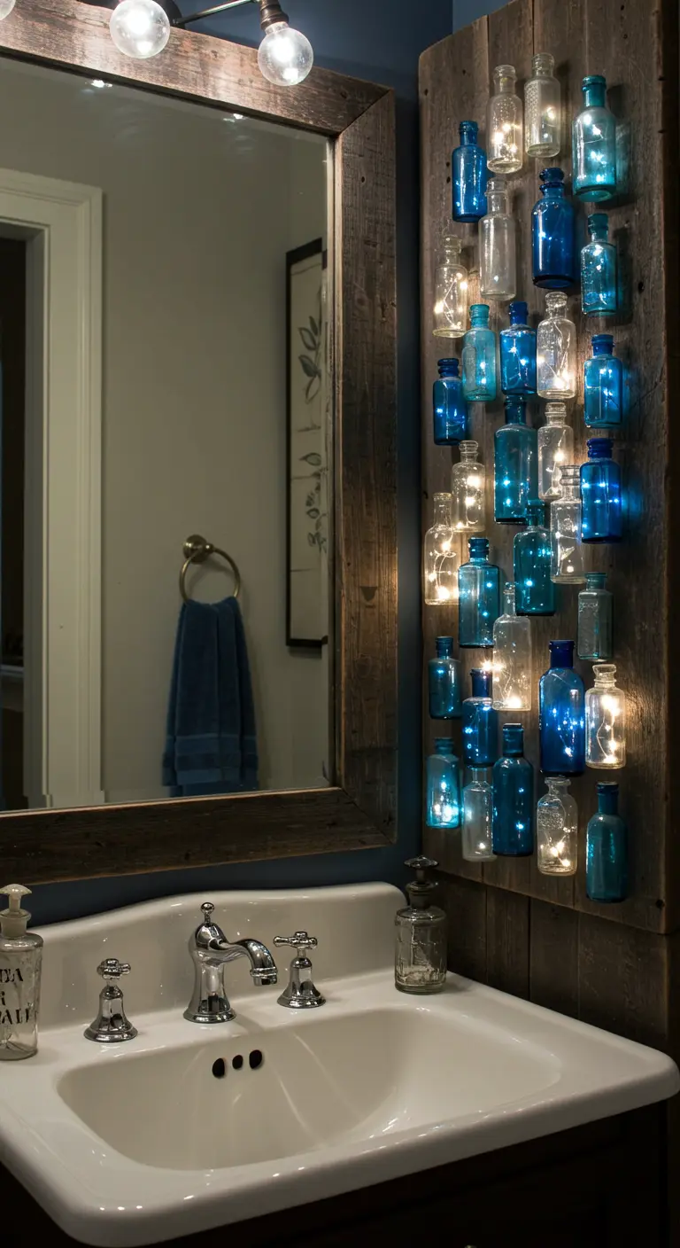 Decoración de baño con un panel de madera rústica y una colección de botellas azules y transparentes iluminadas.
